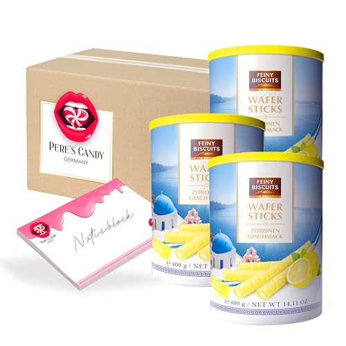 Pere's Candy Bundle für Zitrone Wafer Sticks - Waffelröllchen 3erPack(3 x 400 g) + Pere's Candy Notepad DIN A7-25 Blatt von PERE’S CANDY