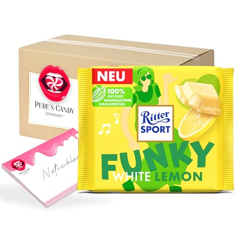 Pere's Candy® Bundle für Ritter Sport Funky White Lemon Gefüllte weiße Schokolade mit Zitronencreme 11er Pack(11x100g) + Pere's Candy Notepad DIN A7-25 Blatt von PERE’S CANDY