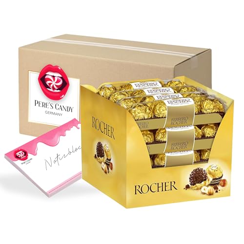 Pere's Candy® Bundle für Rocher Thekendisplay 16x4(800g) Nuss-Pralinen knuspriger Waffel zarter Milchschokolade Haselnusscreme Füllung + Pere's Candy Notepad DIN A7-25 Blatt von PERE’S CANDY