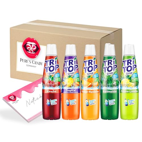 Pere's Candy® Bundle für TRi TOP Getränkesirup Tropical - Kirsche - Zitrone und Limette - Waldmeister - Orange und Mandarine (5 x 600ml) + Pere's Candy Notepad DIN A7-25 Blatt von PERE’S CANDY