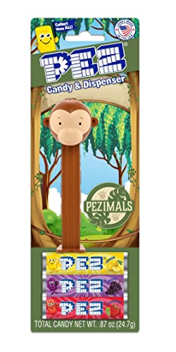 PEZ Monkey Süßigkeitenspender – PEZimals Milo The Monkey Pez Spender | Pez Süßigkeitenspender mit 3 Süßigkeiten-Nachfüllpackungen | Affe-Partygeschenk, Geschenktüten, Geschenktüten von PEZ