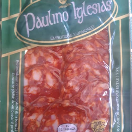 Chorizo dulce. Chorizo Español. Iberische Chorizo in Scheiben geschnitten. Enthält 5 Umschläge 100 g (500 g). Extra süße iberische Chorizo in Scheiben vakuumverpackt. Chorizo Iberico. von PI PAULINO IGLESIAS