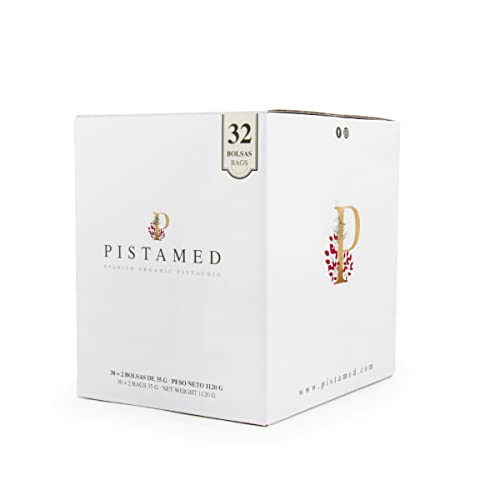 Ökologische Pistazien PISTAMED - 1,1 kg - Herkunft Spanien - Handwerklich geröstet OHNE SALZ (32 Beutel à 35 g = 1.120 g) 32 Portionen Pistazien. von PISTAMED