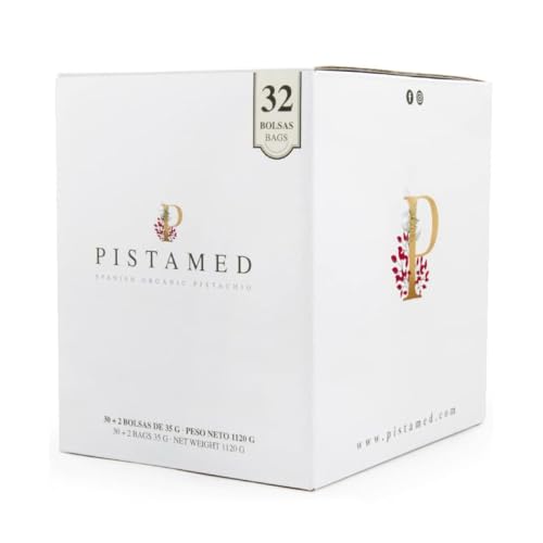 Ökologische Pistazien PISTAMED - 1,1 kg - Herkunft Spanien - Handwerklich geröstet OHNE SALZ (32 Beutel à 35 g = 1.120 g) 32 Portionen Pistazien. von PISTAMED