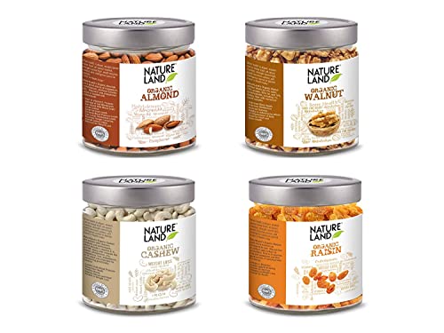 Natureland Organics Almonds 250gm, Cashew 200gm, Walnut 150gm, Raisins 250gm - Dry Fruits Combo (Value Pack) von PKD