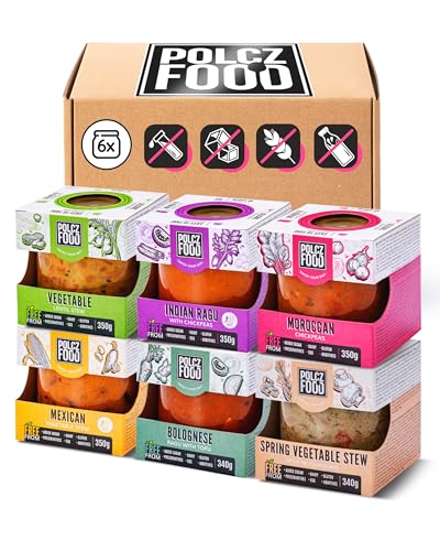 POLCZ Eintopf Fertiggerichte 6er Vegan Paket [in 2 Minuten fertig] Bolognese mit Tofu, indischer Linseneintopf, Frühlingsragout, Kichererbsen & Bohneneintopf - ohne Gluten, Zuckerzusatz, Milch & Eier von POLCZ FOOD