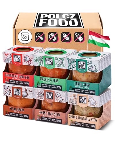 POLCZ Eintopf Fertiggerichte 6er Ungarische Spezialitäten [in 2 Minuten fertig] Gulasch, Räucher & Linseneintopf, Frühlings & Hähnchenragout - ohne Gluten, Zuckerzusatz, Milch & Eier - 6x350g von POLCZ FOOD