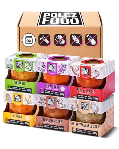 POLCZ Eintopf Fertiggerichte 6er Proteinquelle Paket [in 2 Minuten fertig] Chilibohnen, indischer Erbseneintopf, Frühlingsragout, Linsen & Bohneneintopf - ohne Gluten, Zuckerzusatz, Milch & Eier von POLCZ FOOD