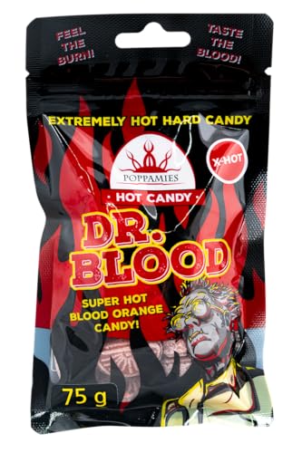 Hot Candy Dr Blood Poppamies Chili-Orangen-Süßigkeiten – Laktose- und glutenfrei, vegan – Schärfe: X-HOT – Größe: 75 g von POPPAMIES
