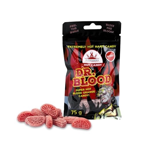 Scharfe Süßigkeiten Dr. Blood Poppamies Chili-Orange Bonbons - Laktosefrei Glutenfrei Vegan - Nicht für Kinder oder Halloween-Streiche - Schärfegrad: X-HOT - Größe: 75g Scharfe Süßigkeiten Dr. Blood Poppamies Chili-Orange Bonbons - Laktosefrei Glutenfrei Vegan - Nicht für Kinder oder Halloween-Streiche - Schärfegrad: X-HOT - Größe: 75g von POPPAMIES