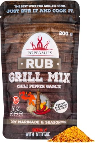Poppamies Grill Mix BBQ Rub - 100% natürliches BBQ-Gewürz - Chili-Pfeffer-Knoblauch-Gewürzmischung - Perfekt für gegrilltes Essen! Rind, Schwein, Fisch, Gemüse, Huhn - Große Packung (200g) von POPPAMIES
