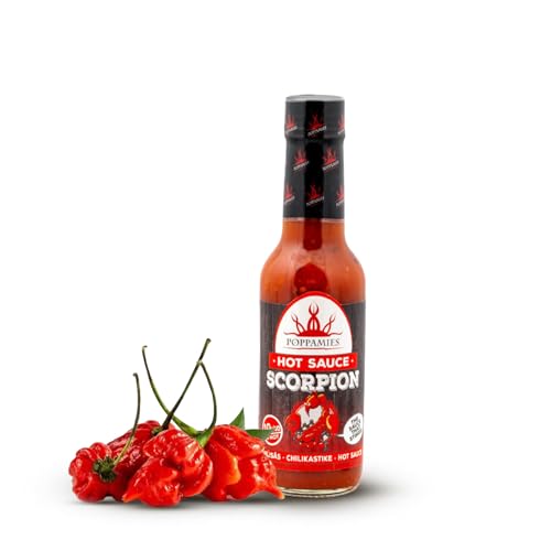 Poppamies Scorpion Hot Sauce von Trinidad Skorpion Chili - Glutenfrei Laktosefrei Vegan - Würzigkeit: 10+/10 Extra Heiß - 150ml von POPPAMIES