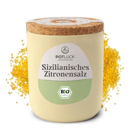 POTLUCK | Bio Sizilianisches Zitronensalz | Gewürzsalz für Fisch, Meeresfrüchte, Gemüse, Salate und Dressings | 140g im Keramiktopf von POTLUCK Gewürzfreunde