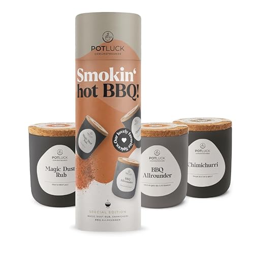 POTLUCK I Hot BBQ 3er Gewürzset I 3 erlesene BBQ & Rub Grillgewürze I Besondere Gewürze Set für ihn I Wiederverwendbarer Keramiktopf I Gesunde Ernährung, Lecker Essen für zu Hause von POTLUCK Gewürzfreunde