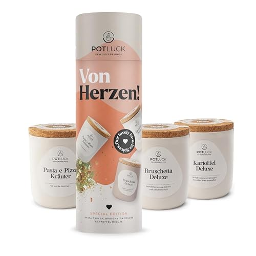 POTLUCK I Von Herzen 3er Geschenkset I 3 erlesene Gewürzmischungen für Bruschetta, Pasta, Pizza und Kartoffelgerichte I Wiederverwendbarer Keramiktopf I Gesunde Ernährung, Lecker Essen für zu Hause von POTLUCK Gewürzfreunde
