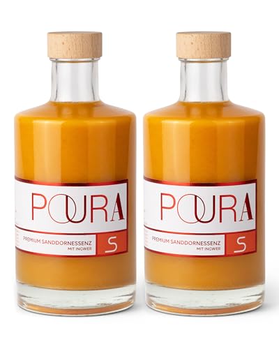 Poura Sanddorn-Essenz 495ml x 2 vegan 100% natürlich - Mit Vitamin C für eine normale Funktion des Immunsystems, Sirup mit 26% Sanddorn-Saft, Mit Ingwer, Maca, Wacholder & Acerola Poura Sanddorn-Essenz 495ml x 2 vegan 100% natürlich - Mit Vitamin C für eine normale Funktion des Immunsystems, Sirup mit 26% Sanddorn-Saft, Mit Ingwer, Maca, Wacholder & Acerola von POURA