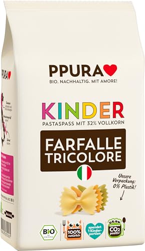 PPURA Bio Pasta Kinder Farfalle Tricolore 500g – Bio Farfalle Nudeln mit 32% Vollkornanteil, Made in Italy – Ohne Zucker, Zusatzstoffe & Farbstoffe, traditionell hergestellt & nachhaltig verpackt von PPURA