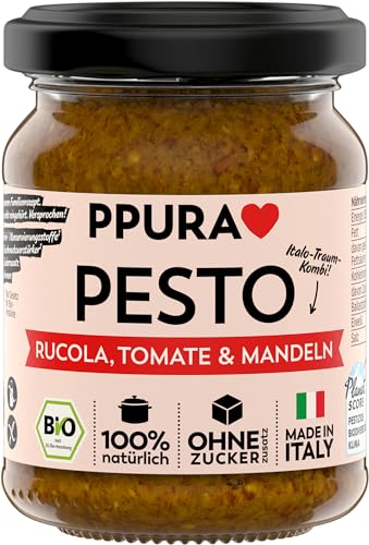 PPURA Pesto Rucola, Mandel & Tomate 120g – Veganes Bio Pesto mit Rucola & Mandeln, 100% natürlichen Zutaten, ohne Zucker & Zusatzstoffe, traditionell hergestellt – Made in Italy von PPURA