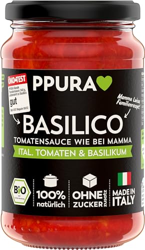PPURA Bio Tomatensauce Basilico | Pasta-Sauce mit italieischem Basilikum | Sugo Made in Italy | 100% Natürlich | Nudel-Soße Vegan Zuckerzusatz & Konservierungsstoffe | 340g Glas von PPURA