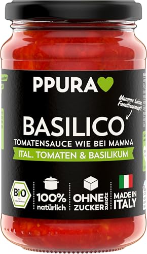 PPURA Bio Tomatensauce Basilico | Pasta-Sauce mit italieischem Basilikum | Sugo Made in Italy | 100% Natürlich | Nudel-Soße Vegan Zuckerzusatz & Konservierungsstoffe | 340g Glas von PPURA