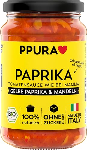 PPURA Tomatensauce Paprika 340g – Fruchtige Bio Tomatensoße mit Paprika & Mandeln, Vegane Pasta Sauce mit 100% natürlichen Zutaten, ohne Zucker & Zusatzstoffe, traditionell hergestellt – Made in Italy PPURA Tomatensauce Paprika 340g – Fruchtige Bio Tomatensoße mit Paprika & Mandeln, Vegane Pasta Sauce mit 100% natürlichen Zutaten, ohne Zucker & Zusatzstoffe, traditionell hergestellt – Made in Italy von PPURA