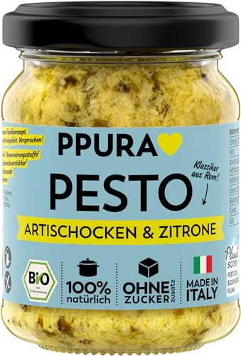 PPURA Bio Pesto Artischocken & Zitrone | Vegane Pasta-Sauce mit Artischocken, Sizilianischer Zitrone & Nat. Olivenöl Extra | Made in Italy | 100% Natürlich Ohne Zusatzstoffe | Glutenfrei | 120g Glas von PPURA