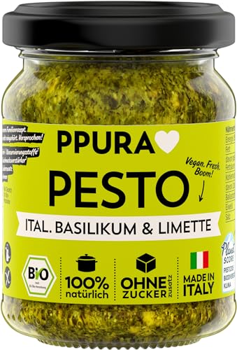 PPURA Bio Pesto Ital. Basilikum & Limette | Grünes Pesto Vegan mit Basilikum, Limette, Cashew & Nat. Olivenöl Extra | Vegane Nudel-Soße Made in Italy | 100% Natürlich Ohne Zusatzstoffe | 120g Glas von PPURA