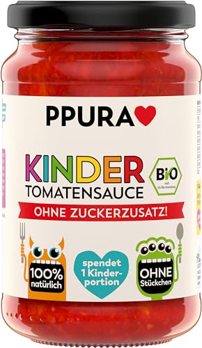 PPURA Bio Tomatensauce Kinder Ohne Zuckerzusatz | Stückchenfreie Pasta-Sauce mit Tomaten | 100% Natürlich Ohne Zusatzstoffe| Kids Nudel-Soße Made in Italy | Spendet eine Kinderportion | 340g Glas von PPURA
