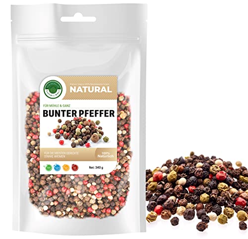 Natural Welt Bunter Pfeffer ganz 340g I ganze Pfefferkörner I Premium Qualität I 100% naturrein, natürlich ohne Zusätze, vegan Pfeffer bunt aus Vietnam. von PREMIUM QUALITÄT NATURAL WELT