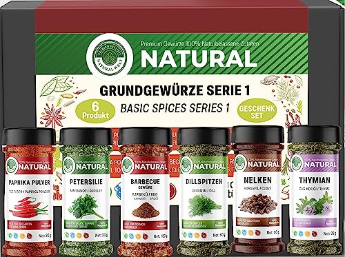 Natural Welt Gewürze Set 6 Gewürzdosen (450g) I Basicgewürze Serie 1 I Essentielle Kräuter und Gewürze I Gewürz Geschenk Set von PREMIUM QUALITÄT NATURAL WELT