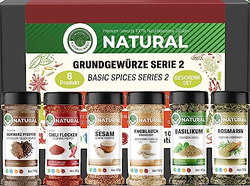 Natural Welt Gewürze Set 6 Gewürzdosen (525 g) I Basicgewürze Serie 2 I Essentielle Kräuter und Gewürze I Gewürz Geschenk Set für Männer/Frauen von PREMIUM QUALITÄT NATURAL WELT