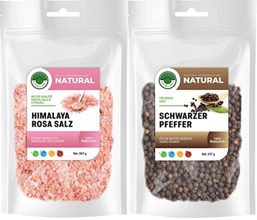 Schwarzer Pfeffer ganz 227g. und Himalaya Kristall Salz grob 907g. I Salz aus der Punjab in Pakistan I ganzer schwarzer Pfefferkörner I Steinsalz I 100% natürlich von PREMIUM QUALITÄT NATURAL WELT