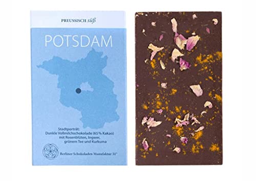 BIO Schokolade POTSDAM, Preussisch süß, Dunkle Milchschokolade mit Rosenblüten, Grünem Tee, Ingwer und Kurkuma von PREUSSISCH süß