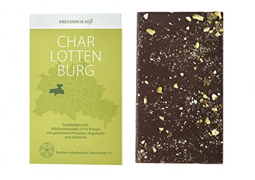BIO Stadtteil Schokolade Berlin CHARLOTTENBURG, Preussisch süß, Milchschokolade mit gerösteten Pistazien, Hagebutte und Röstzwiebeln, 50g BIO Stadtteil Schokolade Berlin CHARLOTTENBURG, Preussisch süß, Milchschokolade mit gerösteten Pistazien, Hagebutte und Röstzwiebeln, 50g von PREUSSISCH süß
