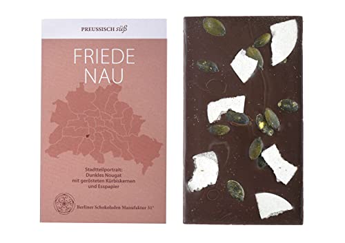 BIO Stadtteil Schokolade Berlin FRIEDENAU, Preussisch süß, Dunkles Nougat mit gerösteten Kürbiskernen und Esspapier, 50g von PREUSSISCH süß