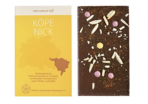 BIO Stadtteil Schokolade Berlin KÖPENICK, Preussisch süß, Milchschokolade mit Mandeln, Schokolinsen, rotem Pfeffer und Kaffee, 50g BIO Stadtteil Schokolade Berlin KÖPENICK, Preussisch süß, Milchschokolade mit Mandeln, Schokolinsen, rotem Pfeffer und Kaffee, 50g von PREUSSISCH süß