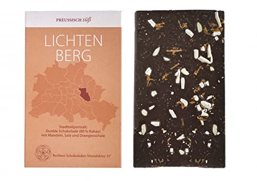 BIO Stadtteil Schokolade Berlin LICHTENBERG, Preussisch süß, Dunkle Schokolade mit Mandeln, Salz und Orangenschaler, 50g von PREUSSISCH süß