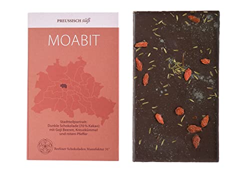 BIO Stadtteil Schokolade Berlin MOABIT, Preussisch süß, Dunkle Schokolade mit Goji-Beeren, Kreuzkümmel und rotem Pfeffer, 50g BIO Stadtteil Schokolade Berlin MOABIT, Preussisch süß, Dunkle Schokolade mit Goji-Beeren, Kreuzkümmel und rotem Pfeffer, 50g von PREUSSISCH süß