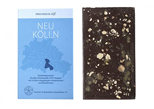 BIO Stadtteil Schokolade Berlin NEUKÖLLN, Preussisch süß, Dunkle Schokolade mit in Rum eingelegten Haselnüssen und Kardamom, 50g von PREUSSISCH süß