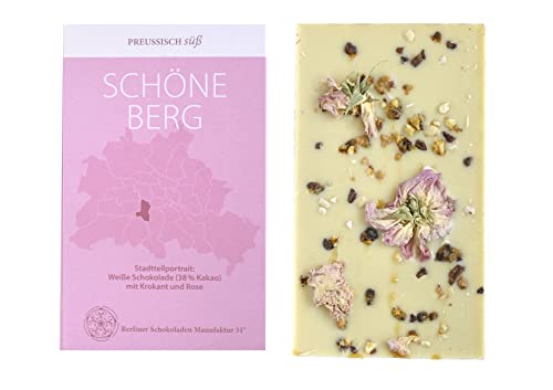 BIO Stadtteil Schokolade Berlin SCHÖNEBERG, Preussisch süß, Weiße Schokolade mit Krokant und Rose, 50g von PREUSSISCH süß