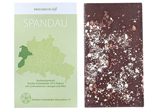 BIO Stadtteil Schokolade Berlin SPANDAU, Preussisch süß, Dunkle Schokolade mit Cashewkernen, Nougat und Nibs, 50g von PREUSSISCH süß