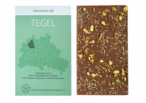 BIO Stadtteil Schokolade Berlin TEGEL, Preussisch süß, Milchschokolade mit Pistazien, Rosmarin und Zitronenschale, 50g von PREUSSISCH süß