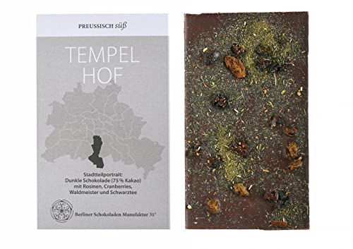 BIO Stadtteil Schokolade Berlin TEMPELHOF, Preussisch süß, Dunkle Schokolade mit Rosinen, Cranberries, Waldmeister und Schwarztee, 50g von PREUSSISCH süß
