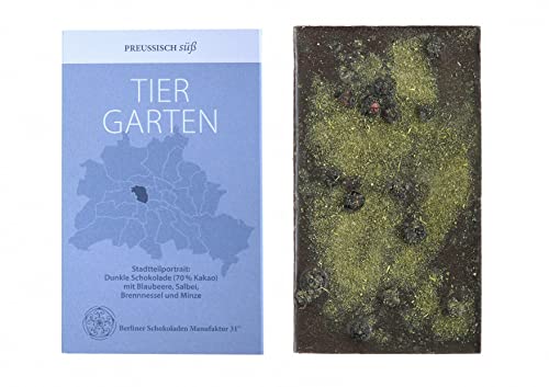 BIO Stadtteil Schokolade Berlin TIERGARTEN, Preussisch süß, Dunkle Schokolade mit Blaubeere, Salbei, Brennnessel und Minze, 50g BIO Stadtteil Schokolade Berlin TIERGARTEN, Preussisch süß, Dunkle Schokolade mit Blaubeere, Salbei, Brennnessel und Minze, 50g von PREUSSISCH süß