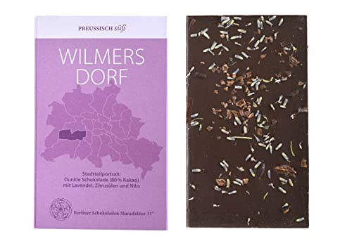 BIO Stadtteil Schokolade Berlin WILMERSDORF, Preussisch süß, Dunkle Schokolade mit Lavendel, Zitrusölen und Nibs, 50g von PREUSSISCH süß