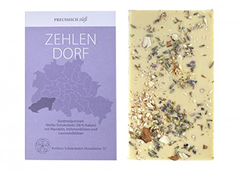 BIO Stadtteil Schokolade Berlin ZEHLENDORF, Preussisch süß, Weiße Schokolade mit Mandeln, Veilchenblüten und Lavendelblüten, 50g BIO Stadtteil Schokolade Berlin ZEHLENDORF, Preussisch süß, Weiße Schokolade mit Mandeln, Veilchenblüten und Lavendelblüten, 50g von PREUSSISCH süß