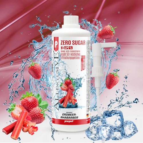Prosport Allinclusive® Erdbeer-Rhabarber 1000ml + Doseirpumpe – ZERO SUGAR Sirup mit Vitaminen – Premium Getränkekonzentrat 1:50 – Ohne Zucker, Aspartam & Azofarbstoffe – Perfekt für Wassersprudler von PROSPORT