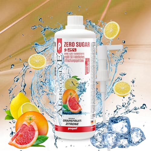 Prosport Allinclusive® Grapefruit-Zitrone 1000ml + Doseirpumpe – ZERO SUGAR Sirup mit Vitaminen – Premium Getränkekonzentrat 1:50 – Ohne Zucker, Aspartam & Azofarbstoffe – Perfekt für Wassersprudler von PROSPORT