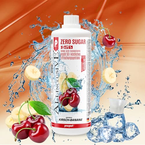 Prosport Allinclusive ZERO SUGAR Sirup, Kirsch-Banane, 1 Liter Flasche, Premium Getränkekonzentrat 1:50, Vitaldrink, 50 Portionen, Vitamin B1, B6, B12 von PROSPORT