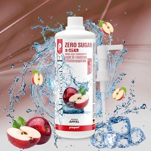 Prosport Allinclusive ZERO SUGAR Sirup, Apfel, 1 Liter Flasche + Dosierpumpe, Premium Getränkekonzentrat 1:50, Vitaldrink, 50 Portionen, Vitamin B1, B6, B12 von PROSPORT